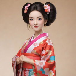 Ruka Sarashina, the animated character, elegantly dressed in a vibrant and cute kimono. She exudes grace and enthusiasm in this traditional Japanese attire.