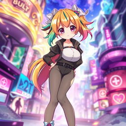 Full-body illustration of an anime-style girl with large breasts, standing confidently