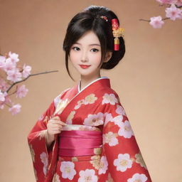 Ruka Sarashina, the animated character, elegantly dressed in a vibrant and cute kimono. She exudes grace and enthusiasm in this traditional Japanese attire.