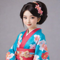 Ruka Sarashina, the animated character, elegantly dressed in a vibrant and cute kimono. She exudes grace and enthusiasm in this traditional Japanese attire.