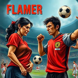 A dramatic book cover illustrating the intense moment of conflict between a mother dressed in a Flamengo jersey and her son, who is both a Flamengo fan and a football referee in uniform