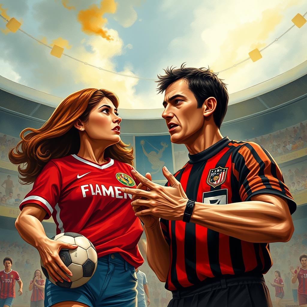 A dramatic book cover illustrating the intense moment of conflict between a mother dressed in a Flamengo jersey and her son, who is both a Flamengo fan and a football referee in uniform