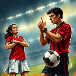 A dramatic book cover illustrating the intense moment of conflict between a mother dressed in a Flamengo jersey and her son, who is both a Flamengo fan and a football referee in uniform