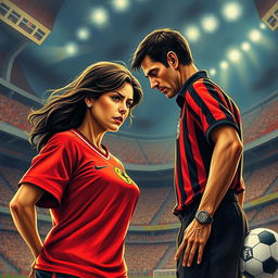 A dramatic book cover illustrating the intense moment of conflict between a mother dressed in a Flamengo jersey and her son, who is both a Flamengo fan and a football referee in uniform