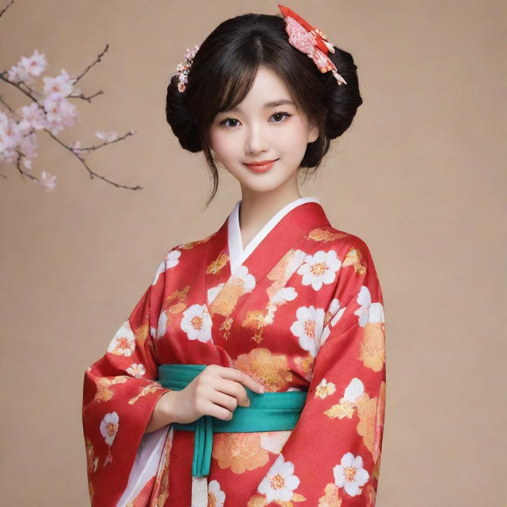 Ruka Sarashina, the animated character, elegantly dressed in a vibrant and cute kimono. She exudes grace and enthusiasm in this traditional Japanese attire.