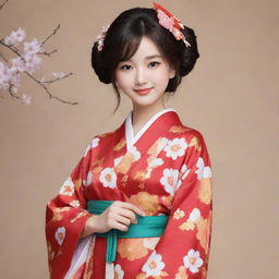 Ruka Sarashina, the animated character, elegantly dressed in a vibrant and cute kimono. She exudes grace and enthusiasm in this traditional Japanese attire.