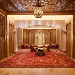 A sophisticated 6m x 5m salon incorporated with the lavish touch of an Arabian Majlis featuring luxurious decor and traditional Middle Eastern aesthetics.