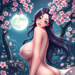 Anime style woman with large breasts, depicted in a sensual pose, with a gentle expression on her face