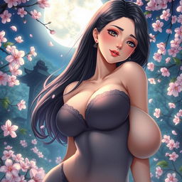 Anime style woman with large breasts, depicted in a sensual pose, with a gentle expression on her face