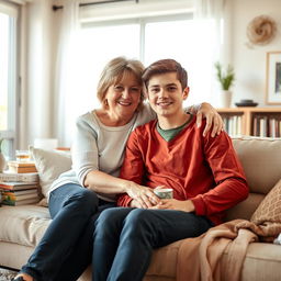 A warm and loving scene of a mother and her teenage son, sitting together in a cozy living room