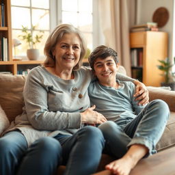 A warm and loving scene of a mother and her teenage son, sitting together in a cozy living room