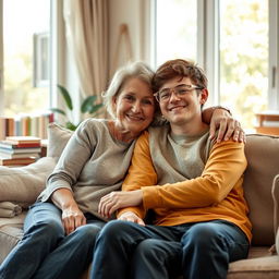 A warm and loving scene of a mother and her teenage son, sitting together in a cozy living room