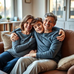 A warm and loving scene of a mother and her teenage son, sitting together in a cozy living room