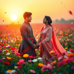 A romantic and tender scene featuring Pandu and Madri holding hands in a vibrant flower field