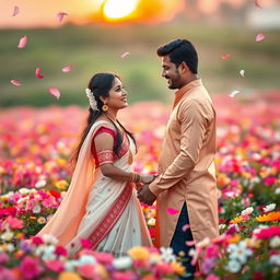 A romantic and tender scene featuring Pandu and Madri holding hands in a vibrant flower field