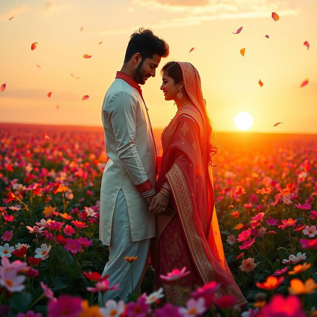 A romantic and tender scene featuring Pandu and Madri holding hands in a vibrant flower field