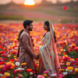 A romantic and tender scene featuring Pandu and Madri holding hands in a vibrant flower field