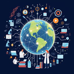 A visual representation of the impact of the internet on scientific research, blending digital and scientific elements