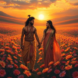 A romantic and semi-realistic depiction of Pandu and Madri holding hands amidst an expansive flower field, reminiscent of the epic Mahabharata