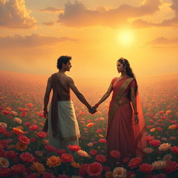 A romantic and semi-realistic depiction of Pandu and Madri holding hands amidst an expansive flower field, reminiscent of the epic Mahabharata