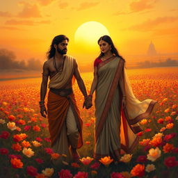 A romantic and semi-realistic depiction of Pandu and Madri holding hands amidst an expansive flower field, reminiscent of the epic Mahabharata