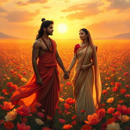 A romantic and semi-realistic depiction of Pandu and Madri holding hands amidst an expansive flower field, reminiscent of the epic Mahabharata