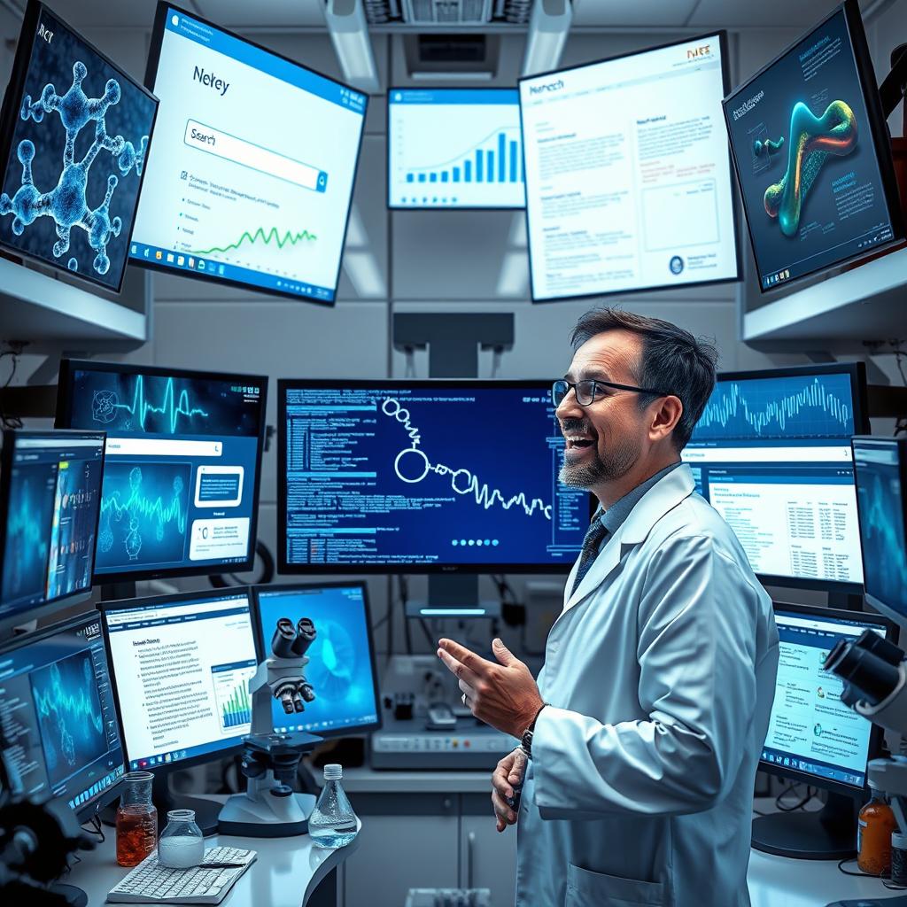 A scientist in a modern laboratory, surrounded by multiple computer screens displaying internet search engines, digital data graphs, and scientific research papers