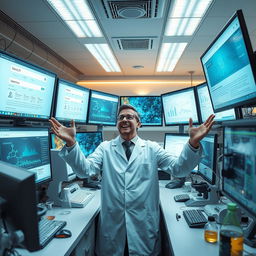 A scientist in a modern laboratory, surrounded by multiple computer screens displaying internet search engines, digital data graphs, and scientific research papers