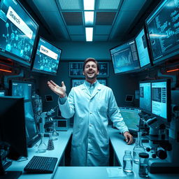 A scientist in a modern laboratory, surrounded by multiple computer screens displaying internet search engines, digital data graphs, and scientific research papers