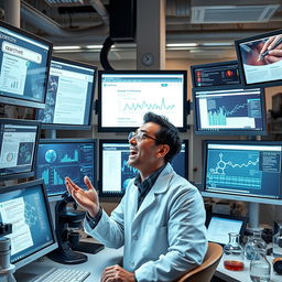 A scientist in a modern laboratory, surrounded by multiple computer screens displaying internet search engines, digital data graphs, and scientific research papers