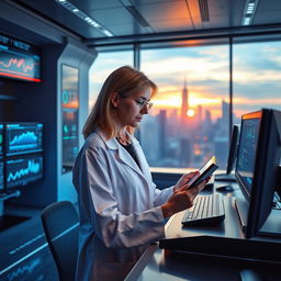 A futuristic scientist working in a high-tech lab, surrounded by advanced computers and holographic displays showing data and graphs