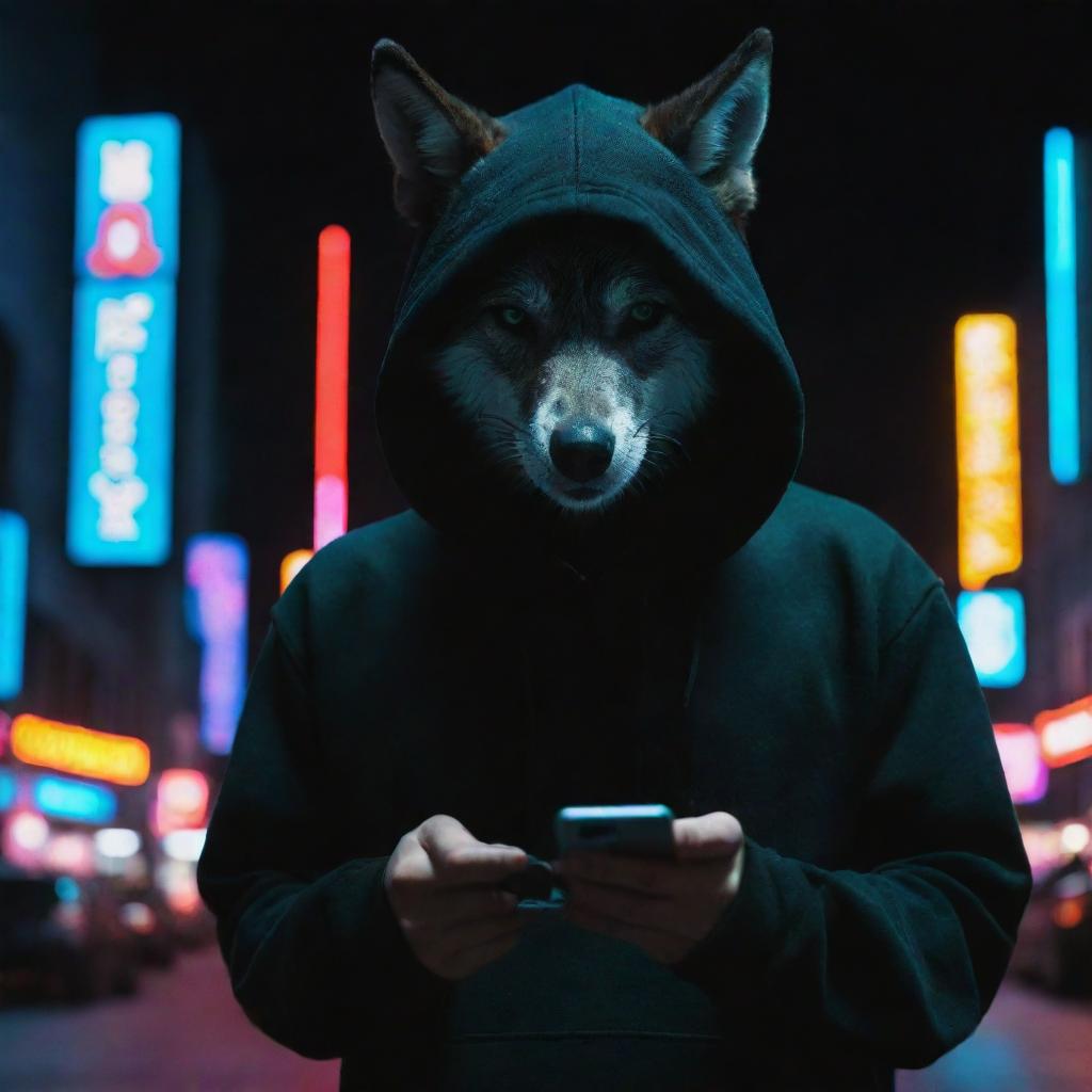 A wolf in a black hoodie, engaged with a smartphone, under the illuminated neon lights of a night city.