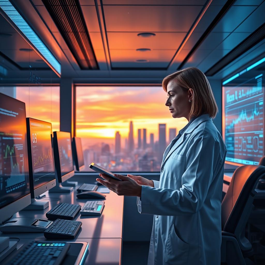 A futuristic scientist working in a high-tech lab, surrounded by advanced computers and holographic displays showing data and graphs