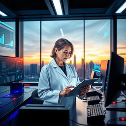 A futuristic scientist working in a high-tech lab, surrounded by advanced computers and holographic displays showing data and graphs