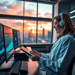 A futuristic scientist working in a high-tech lab, surrounded by advanced computers and holographic displays showing data and graphs