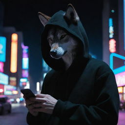 A wolf in a black hoodie, engaged with a smartphone, under the illuminated neon lights of a night city.