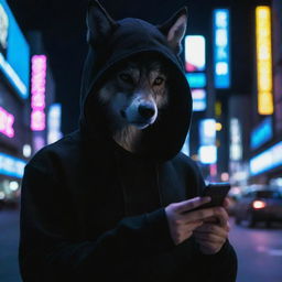 A wolf in a black hoodie, engaged with a smartphone, under the illuminated neon lights of a night city.