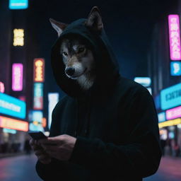 A wolf in a black hoodie, engaged with a smartphone, under the illuminated neon lights of a night city.