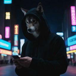 A wolf in a black hoodie, engaged with a smartphone, under the illuminated neon lights of a night city.