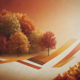 An abstract representation of the concept 'Third Quarter', with autumnal color tones and a sense of transitioning time. Create an ambiance of harvest season and sport games featuring prominently, along with a corporate financial chart showing impressive growth.