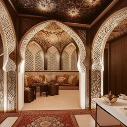 A sophisticated 6m x 5m salon incorporated with the lavish touch of an Arabian Majlis featuring luxurious decor and traditional Middle Eastern aesthetics.