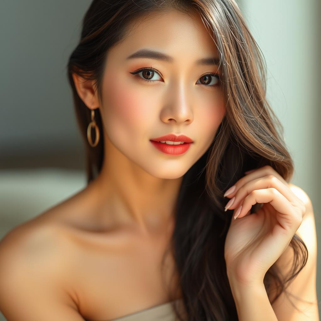 A captivating image of an attractive Asian woman posed elegantly