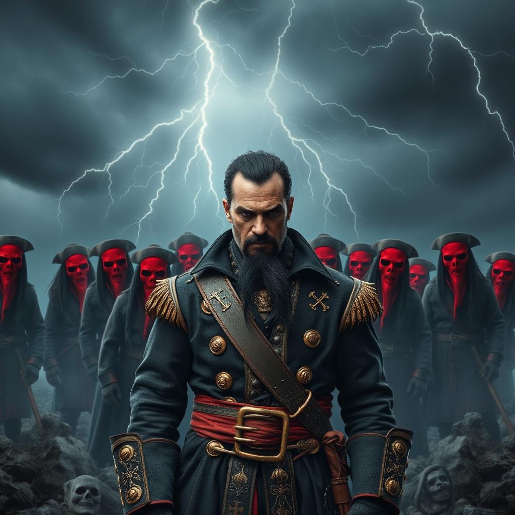 An evil pirate with short black hair and a short, pointy beard standing menacingly at the forefront