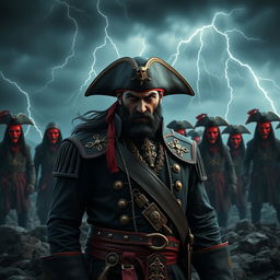 An evil pirate with short black hair and a short, pointy beard standing menacingly at the forefront