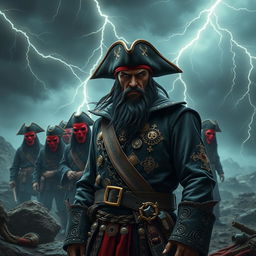 An evil pirate with short black hair and a short, pointy beard standing menacingly at the forefront