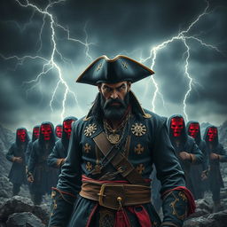 An evil pirate with short black hair and a short, pointy beard standing menacingly at the forefront