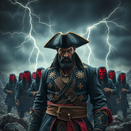 An evil pirate with short black hair and a short, pointy beard standing menacingly at the forefront