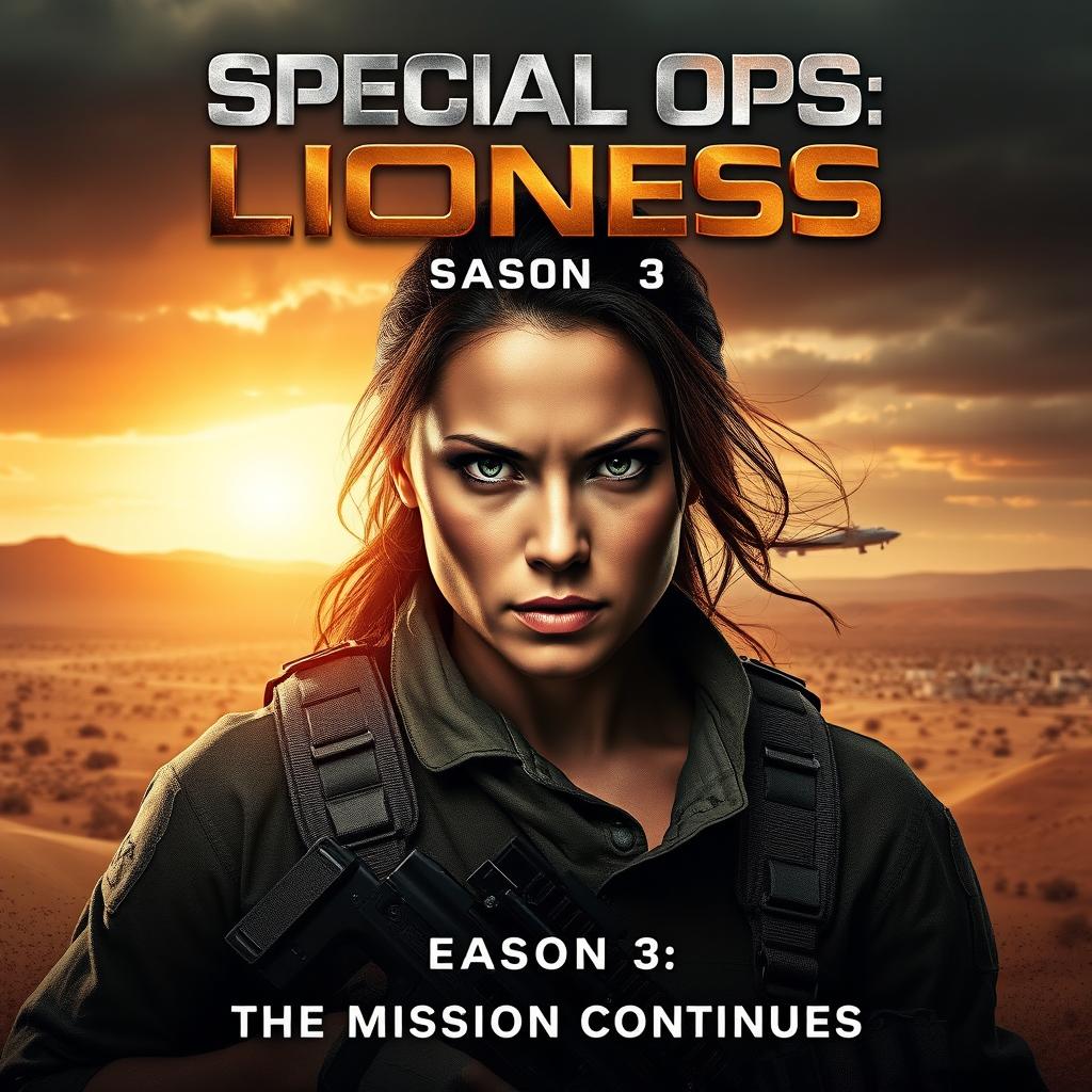 A dynamic and intense movie poster for "Special Ops: Lioness Season 3" showcasing a fierce female operative front and center