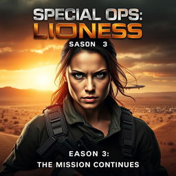 A dynamic and intense movie poster for "Special Ops: Lioness Season 3" showcasing a fierce female operative front and center