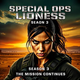 A dynamic and intense movie poster for "Special Ops: Lioness Season 3" showcasing a fierce female operative front and center